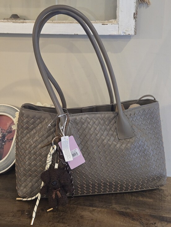 purple and lilac Handbags - New Woven Tote Bag in Taupe With Keychain Charms Botega Inspired